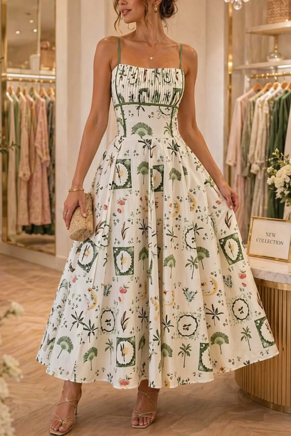 Unique Printed Thin-strapped Pleated Waist Casual Maxi Dress | Consonak