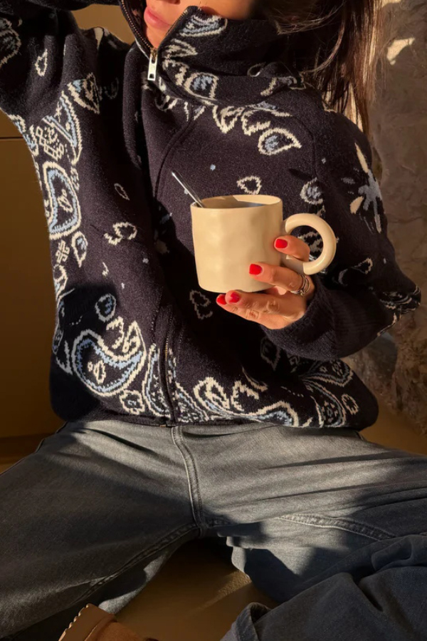 Fashionable Jacquard Turtleneck Long-sleeved Casual Zip-up Pocket Knit Top-consonak