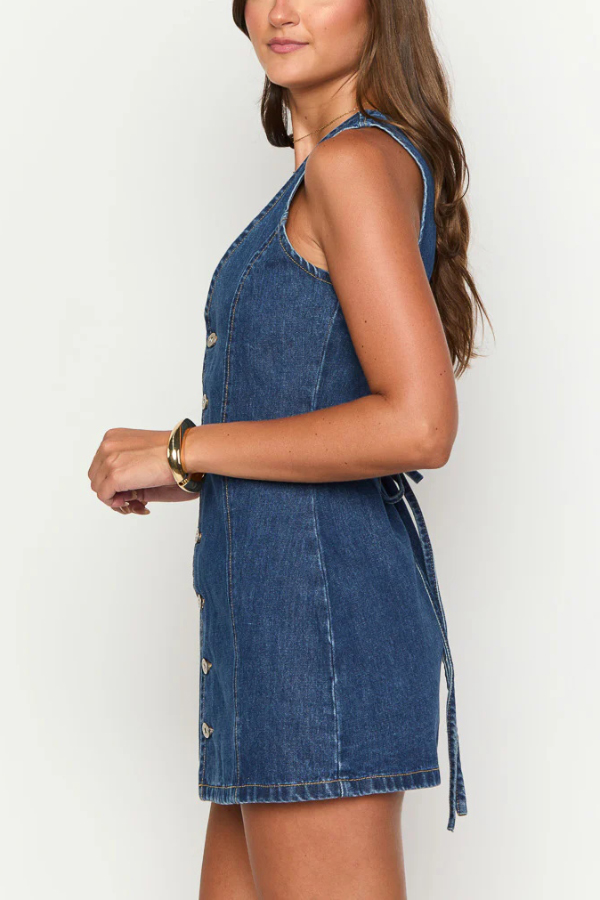 Stylish Sleeveless V-neck Buttons Tie-up Denim Mini Dress | Consonak
