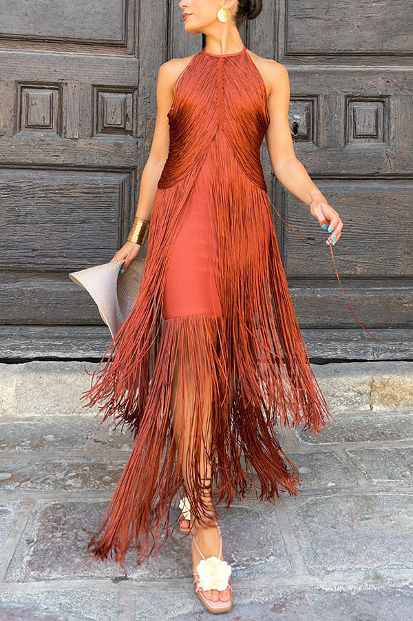 Fashion Sleeveless Halter Neck Elegant Tassel Slim Maxi Dress-consonak