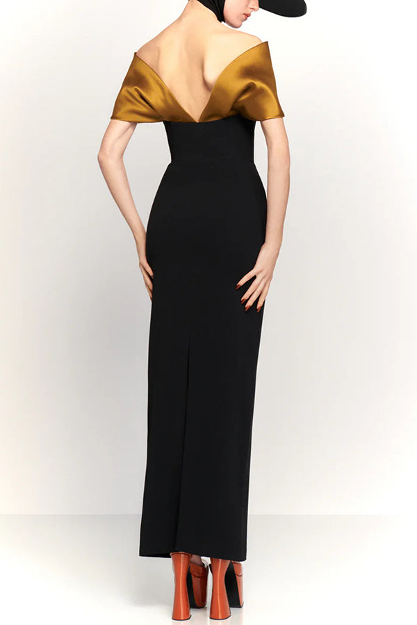 Elegant Off-shoulder Spliced fitted Backless Maxi Dress-consonak