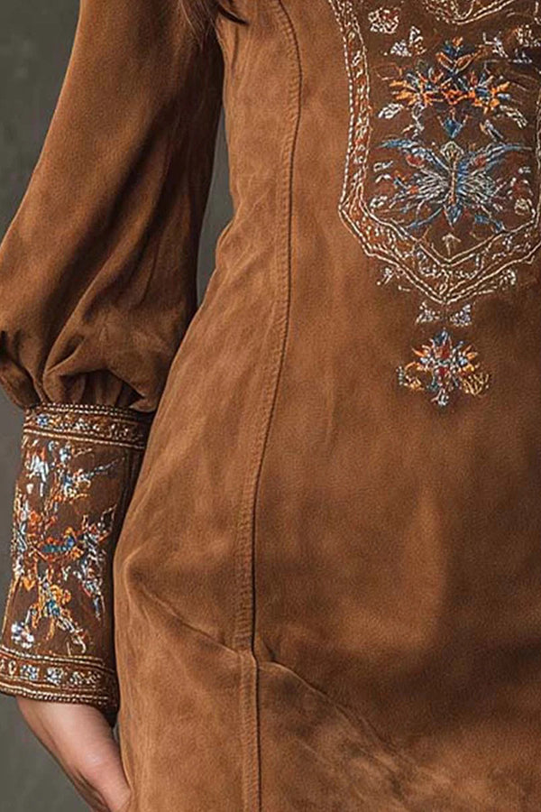 Fashionable Suede Embroidered V-neck Long-sleeved Slim-fit Mini Dress-consonak