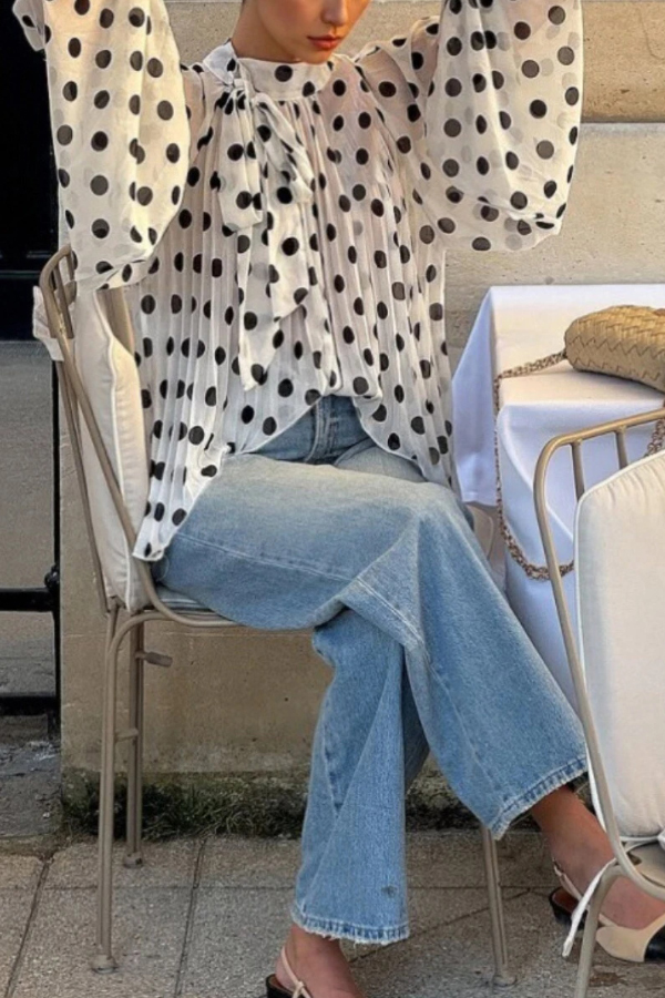 Polka Dot Print Tie-waist Lantern Sleeve Elegant Loose Shirt-consonak