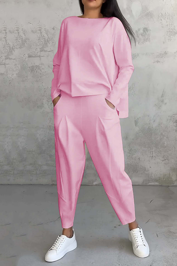 Solid Color Crew Neck Long-sleeved Irregular Loose Top and Elastic Waist Pocket Casual Pants Set-consonak