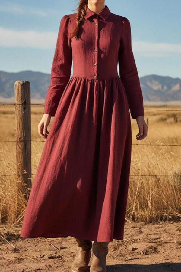 Linen Blend Solid Color Lapel Long-sleeved Casual Maxi Dress