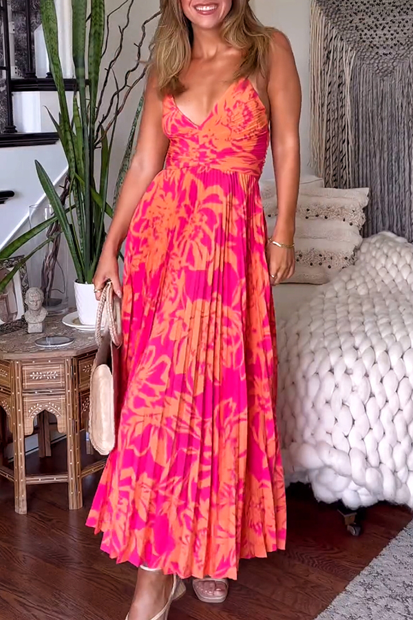 Wedding Party Season Floral Print Pleated Back Tie-up Midi Dress-consonak