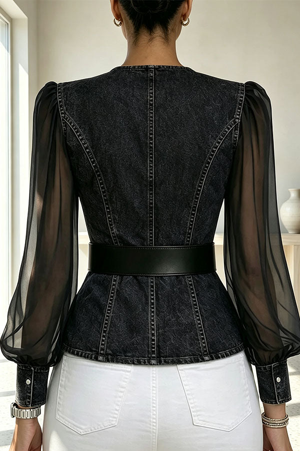Faux Denim & Sheer Tulle Sculpted Crossover Blouse-Consonak