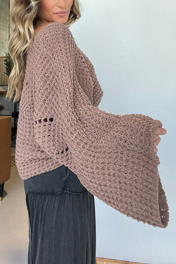 Solid Color Hollow Loose Round Neck Bat Sleeve Knitted Sweater-consonak