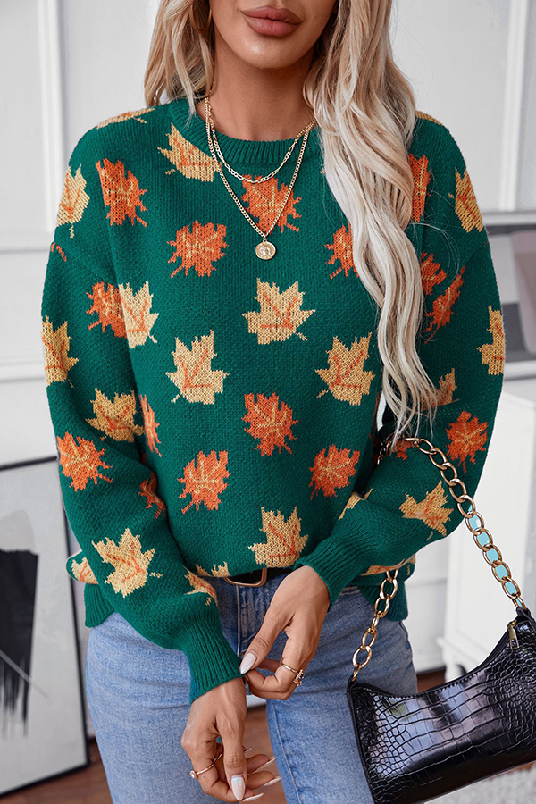 Maple Leaf Pattern Casual Loose Knitted Sweater-consonak