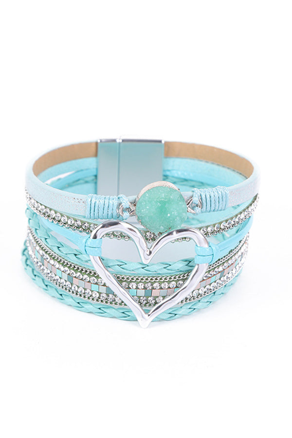 Bohemian Leather Cord Multi-layered Raw Stone Heart Bracelet | Consonak