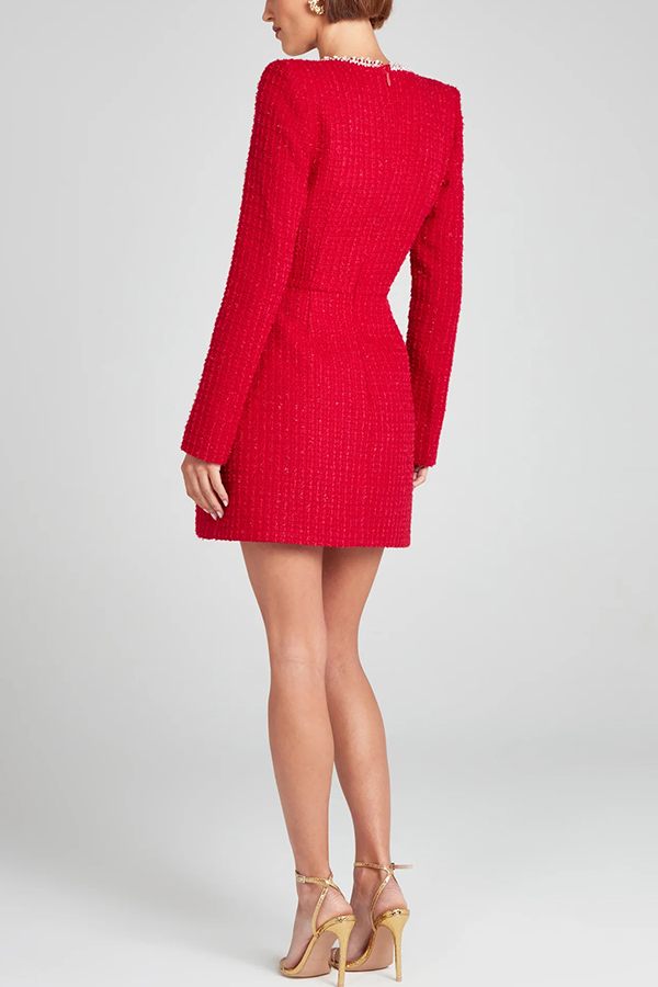Girly and Glamorous Tweed Fabric Pearl Trim Long Slit Sleeve Pocketed Mini Dress | Consonak