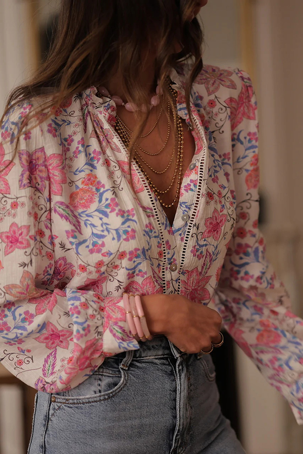 Floral Print Long-Sleeved Button-Up Elegant Shirt-consonak