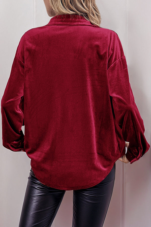 Solid Color Velvet Casual Lapel Pocket Loose Shirt-consonak
