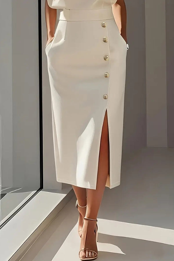 Solid Color Long Sleeves Pocket Button Decorated Slit Midi Dress-consonak