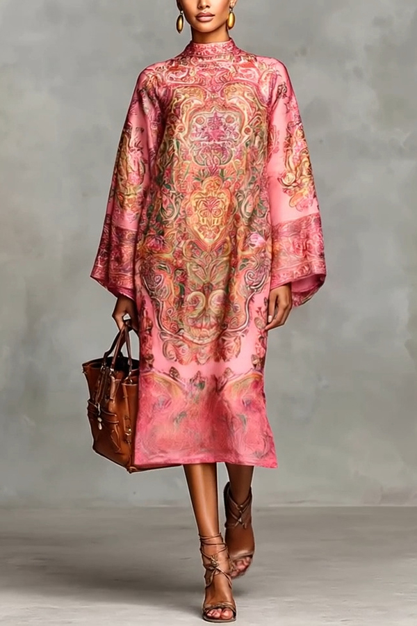 Retro Unique Print Casual Long-sleeved Loose Midi Dress | Consonak