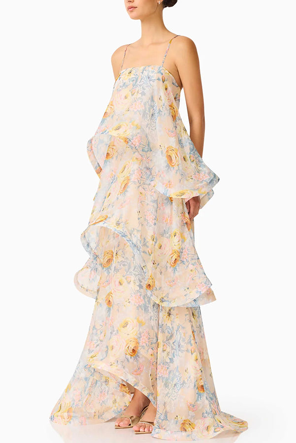 Armani Georgette Fabric Floral Print Tiered Slip Square Neck A-line Maxi Dress | Consonak