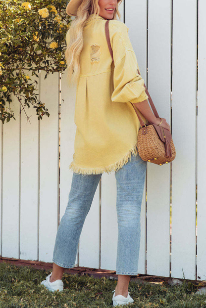 Stylish Lapel Long Sleeve Ripped Denim Jacket-consonak