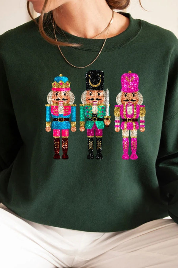Christmas Soldier Sequin Loose Crew Neck Long Sleeve Sweatshirt-consonak