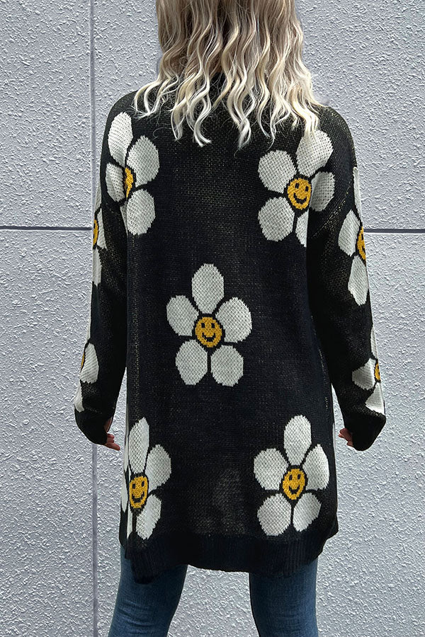 Smiley Floral Print Button Cardigan-consonak