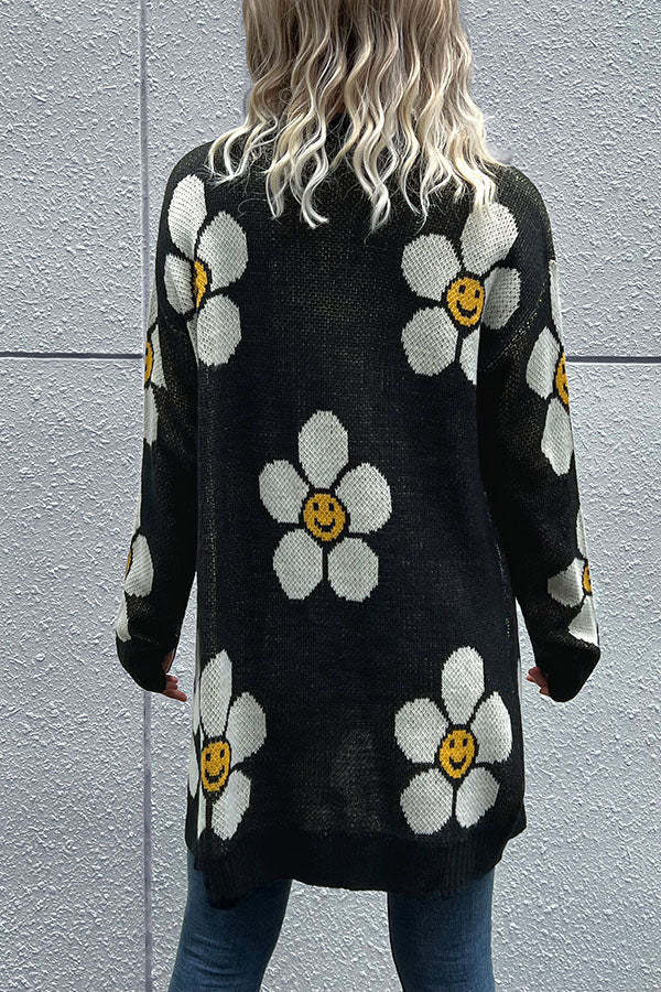 Smiley Floral Print Button Cardigan-consonak