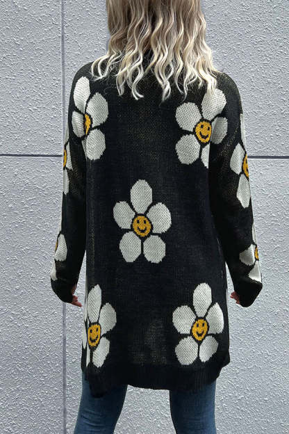 Smiley Floral Print Button Cardigan-consonak