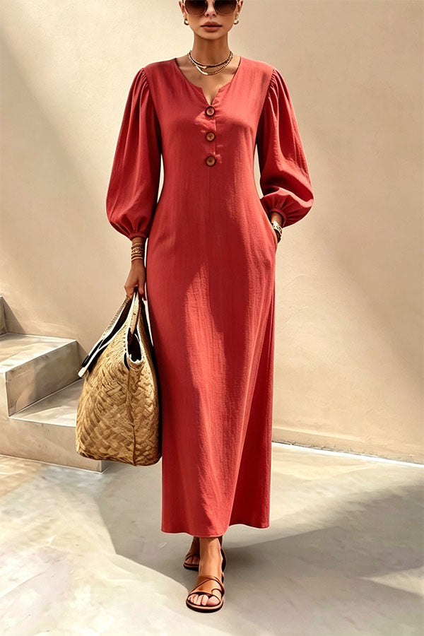 Elegant V-Neck Lantern Sleeve Maxi Dress-Consonak