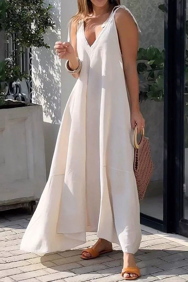 Solid Color Sleeveless V Neck Strappy Maxi Dress-consonak