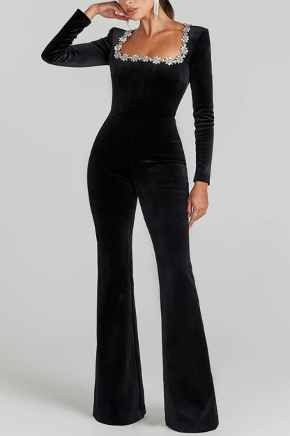 Classic Charm Velvet Jewel Embellished Trim Long Sleeve Flare Jumpsuit-consonak