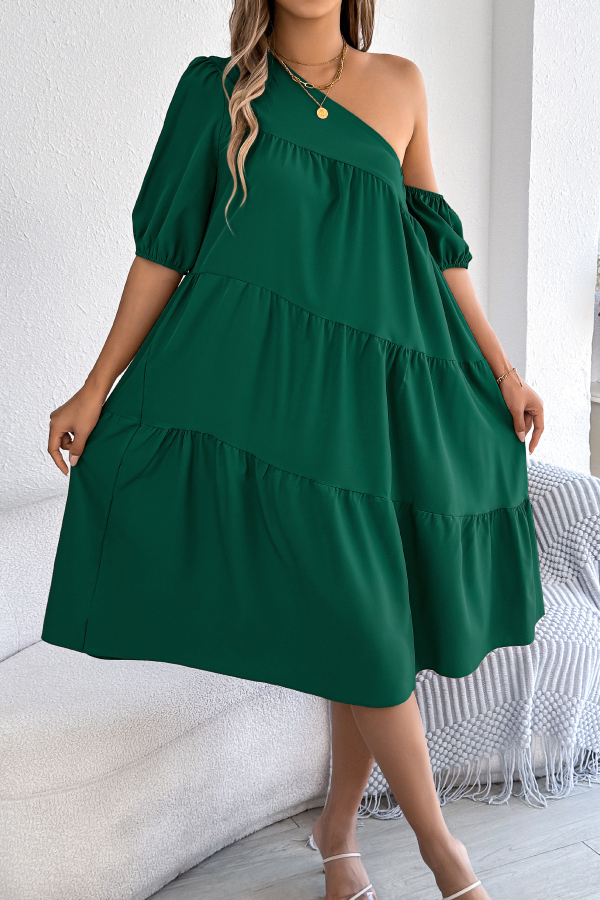 Solid Color Loose Slash Neck Short-sleeved Casual Midi Dress-consonak