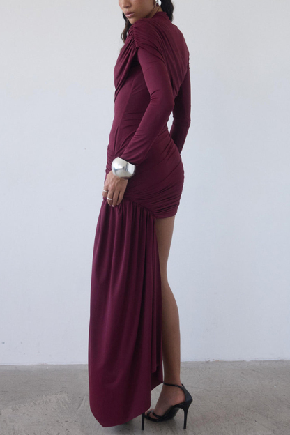 Solid Color Long-sleeved Pleated Slim-fit Elegant Ribbon Mini Dress-consonak