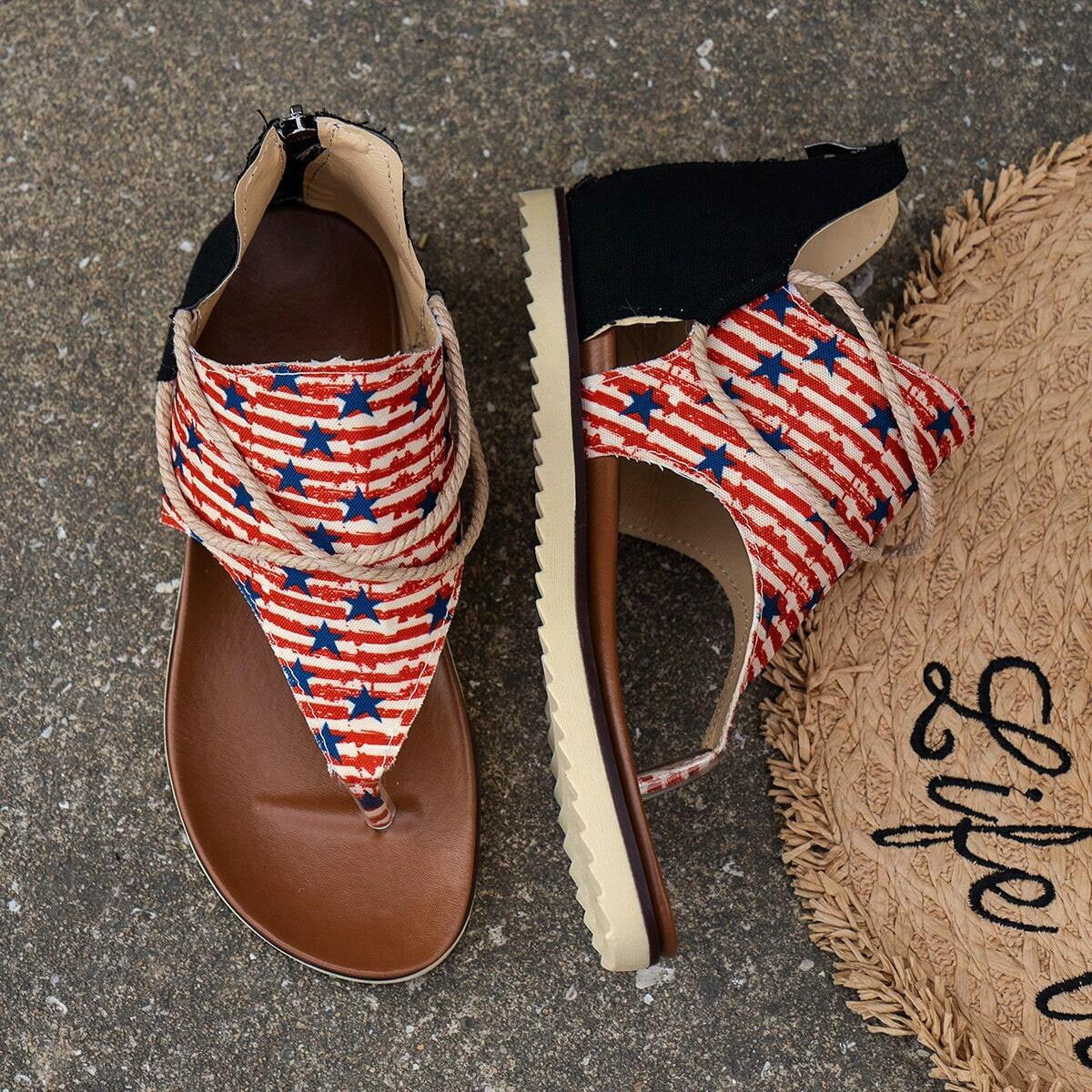 Independence Day Summer New Printed Back Zipper Roman Beach Sandals-consonak