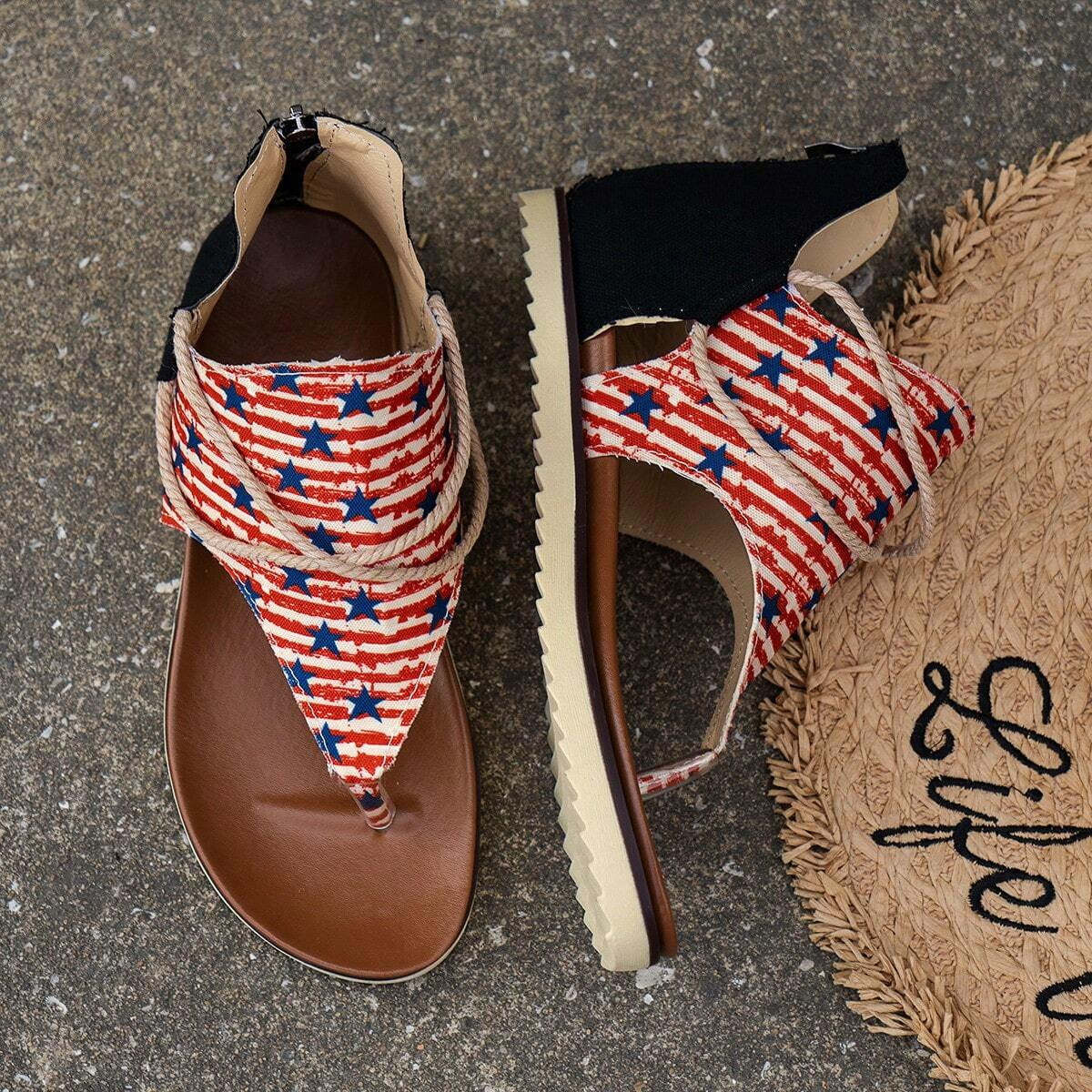 Independence Day Summer New Printed Back Zipper Roman Beach Sandals-consonak