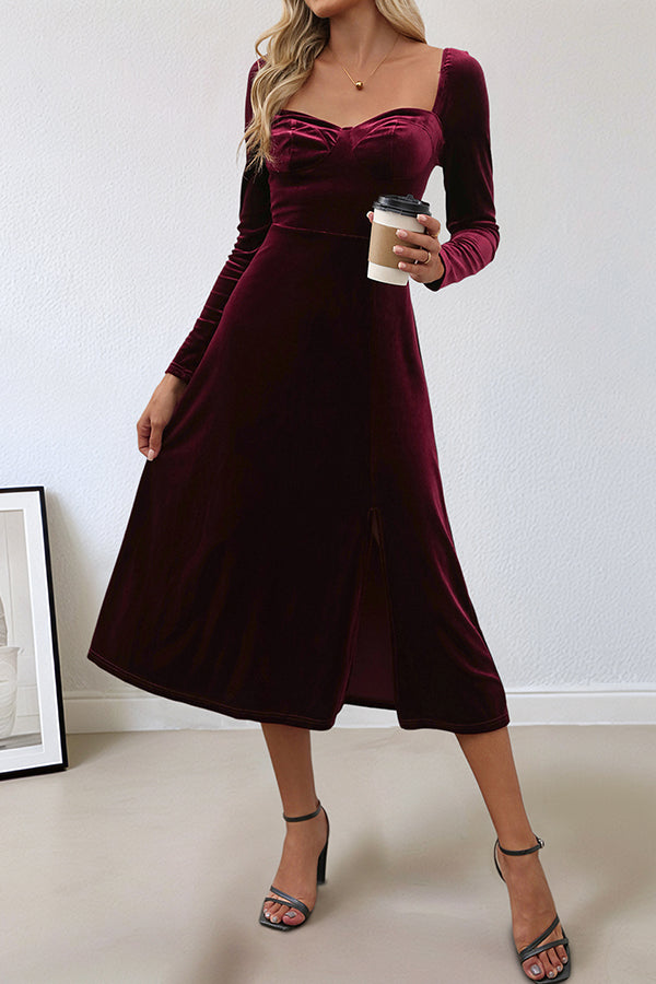 Solid Color Velvet Square Neck Long Sleeve Slit Midi Dress-consonak
