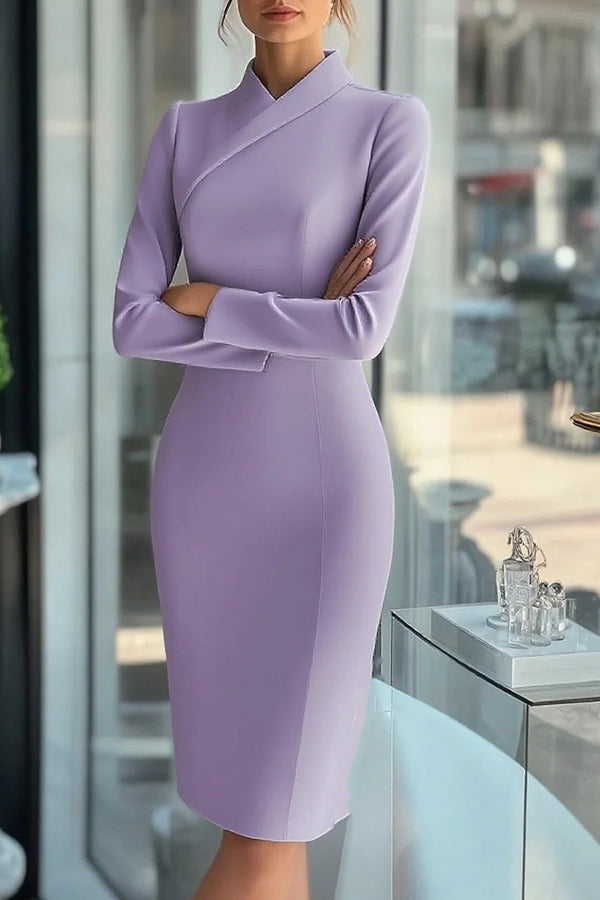 Solid Color High-neck Long-sleeved Slim-fit Midi Dress-consonak