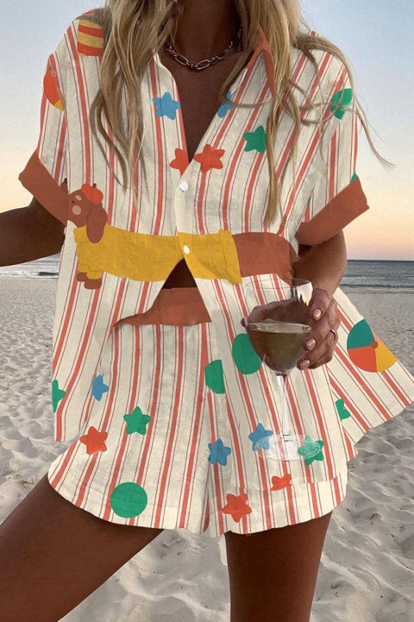 Dachshund Star Print Loose Button Elastic Waist Shorts Set