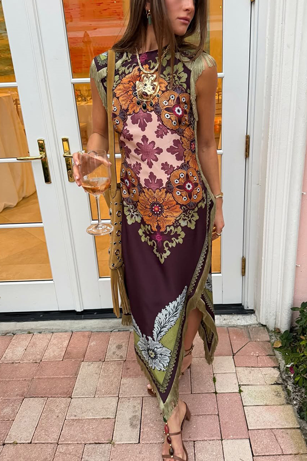 Bohemian Style Floral Print Tassel Trim Irregular Hem Slit Scarf Midi Dress | Consonak