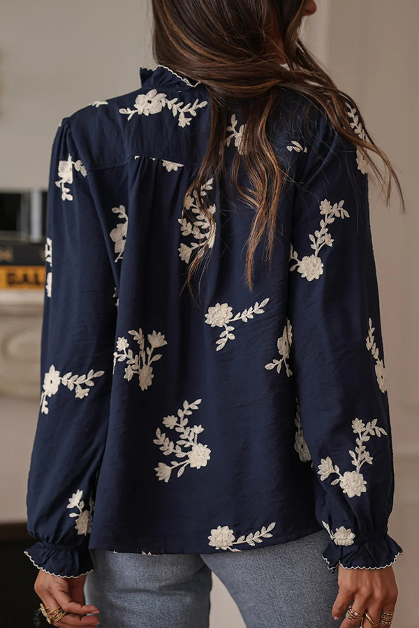 Floral Embroidery Long-Sleeved Button-Up Elegant Shirt-consonak