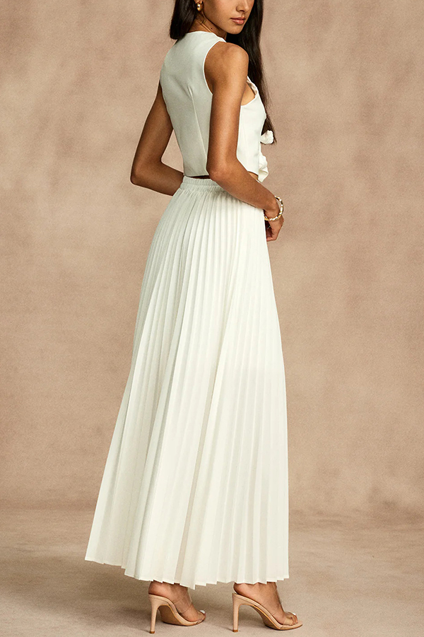 Stylish Rosette Sleeveless Tank Top and Pleated Maxi Skirt Set-consonak