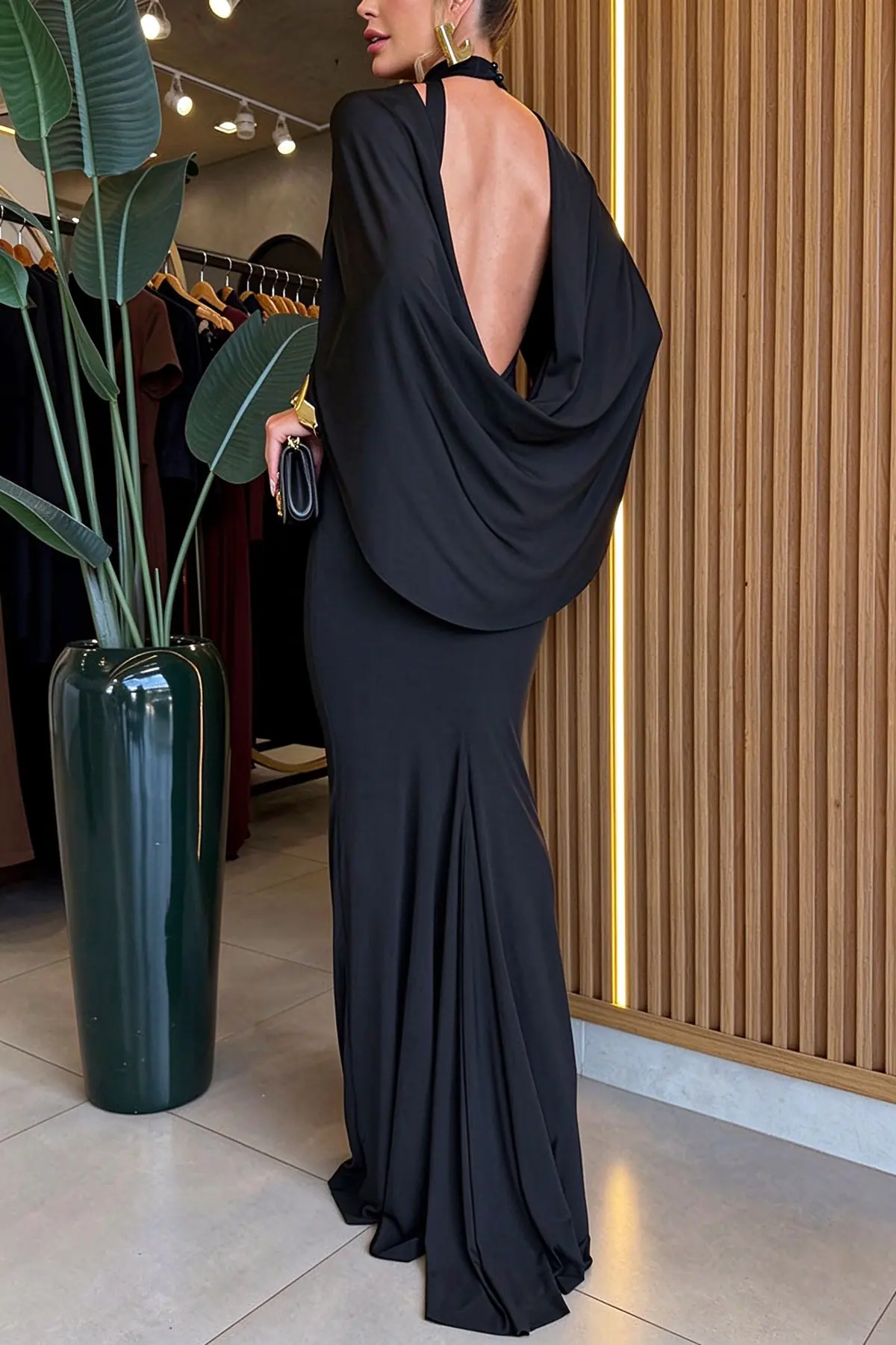 Mermaid High Neck Cape Sleeve Drape Open Back Evening Gown Maxi Dress-Consonak