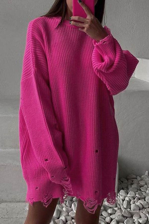 Solid Color Loose Ripped Knitted Mid-length Sweater-consonak