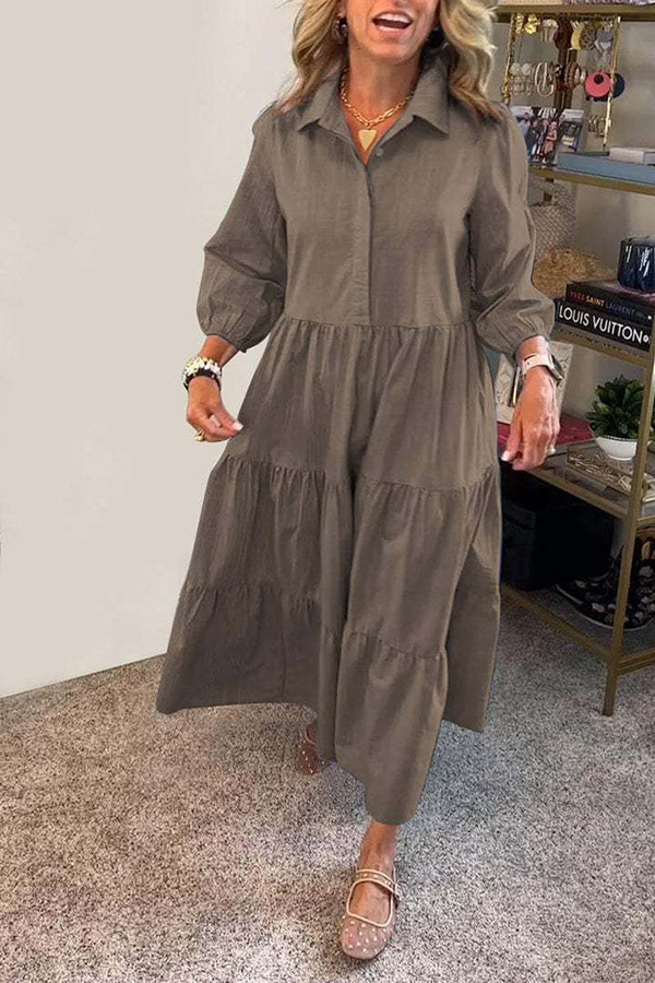 Solid Color Lapel Elastic Cuffs Loose Maxi Dress-consonak