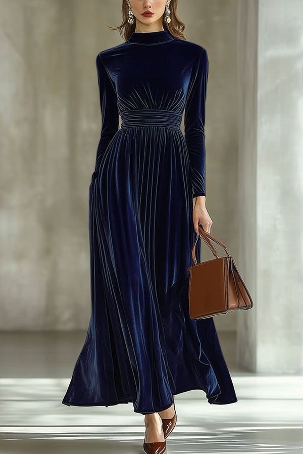 Solid Color Velvet Long-sleeved High-waisted Elegant Maxi Dress-consonak