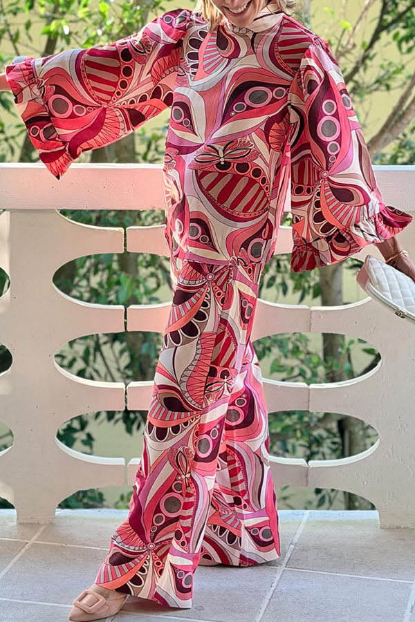 Sarah Unique Print High Neck Ruffle Bell Sleeve Top and Elastic Waist Pocket Loose Pants Set-consonak