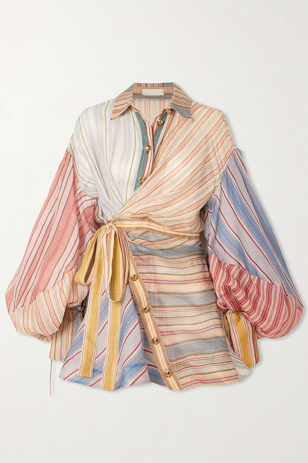 Salie Linen Blend Color-block Stripes Twisted Wrap Long Balloon Sleeve Shirt Mini Dress