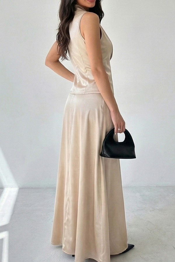 Satin Solid Color Sleeveless Button-down Vest and Elegant Draped Maxi Skirt Set-consonak