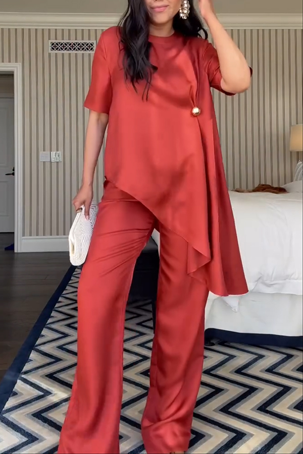 Janice Satin Metal Button-detail Asymmetric Top and Elastic Waist Loose Pants Set
