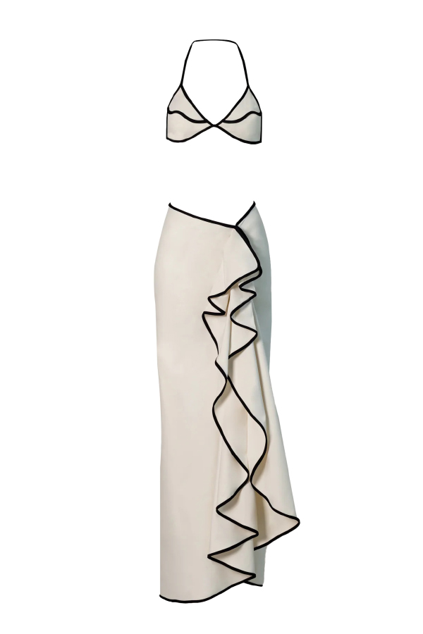 Black and White Color-blocked Two-piece Stretch Bikini Swimsuit and Elegant Ruffled Maxi Skirt Set