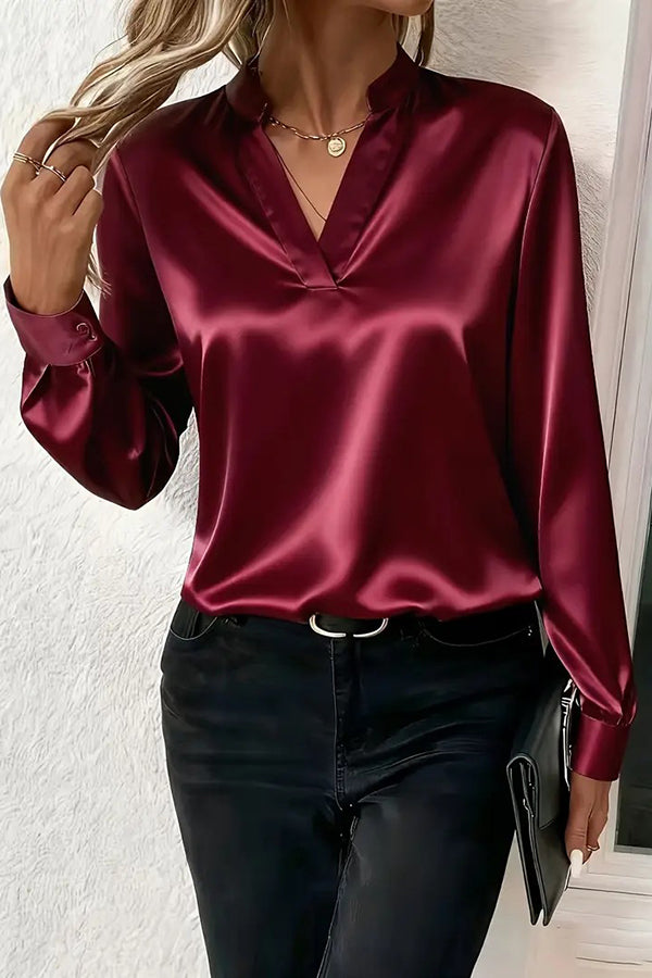 Solid Color Satin Loose V-neck Long-sleeved Casual Shirt-consonak