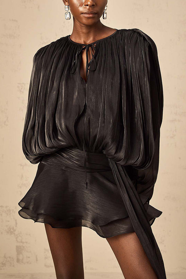 Solid Color Long-sleeved Belted Asymmetrical Mini Dress and Elastic Waist Casual Shorts Set-consonak