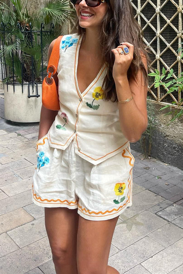 Summer Flower Printed Linen Blend Button Vest and Elastic Waist Pocketed Shorts Set | Consonak